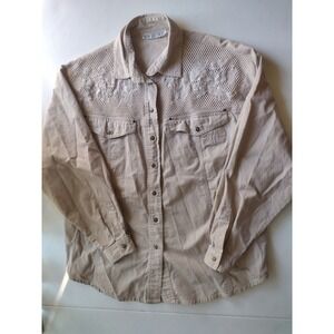 Together! Vintage Tan Khaki Floral Embroidered Mesh‎ Yoke Button Down Shirt L